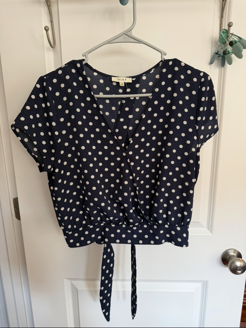 love J Navy and White Polka Dot Wrap Blouse
